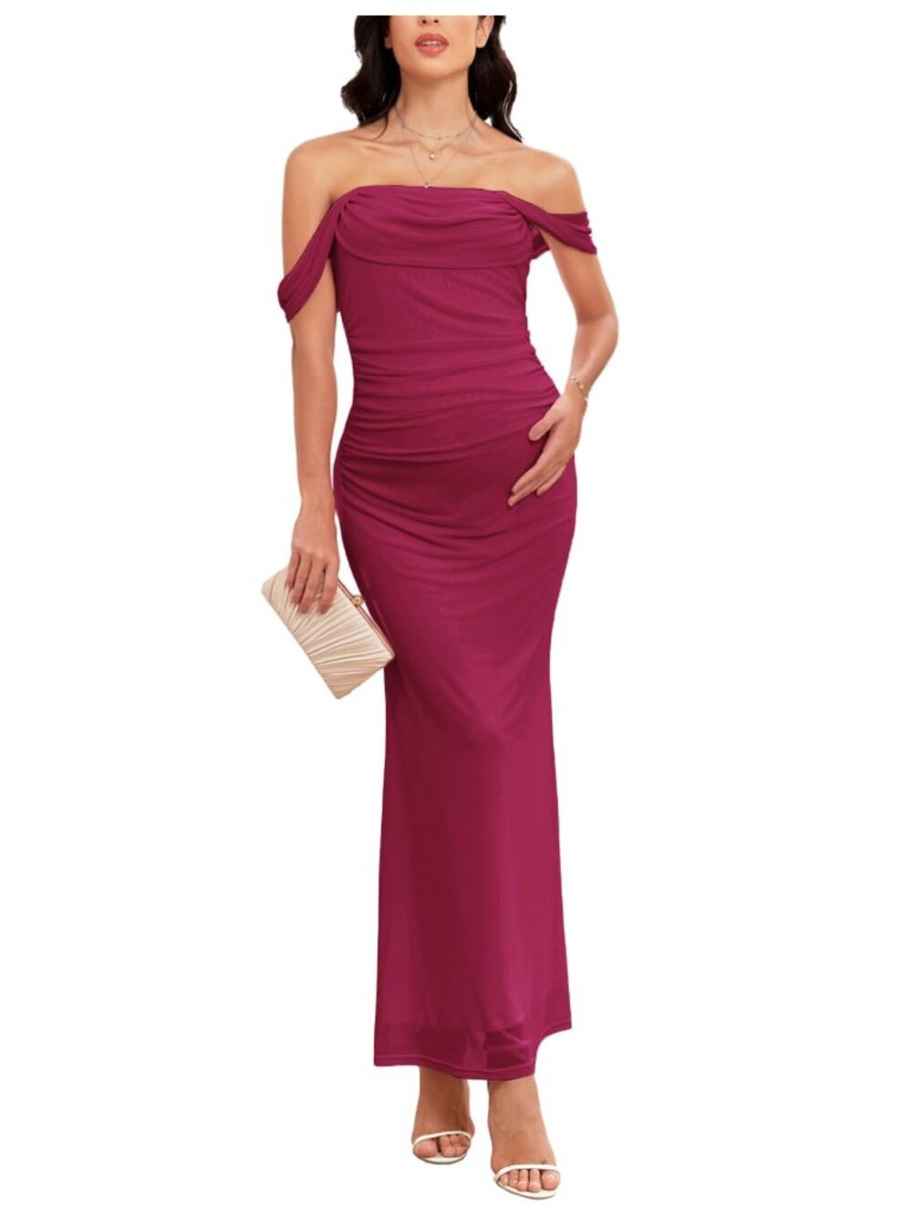 AISWI  Maternity Off The Shoulder Maxi Dress Mesh Ruched Bodycon Wine Red, Large